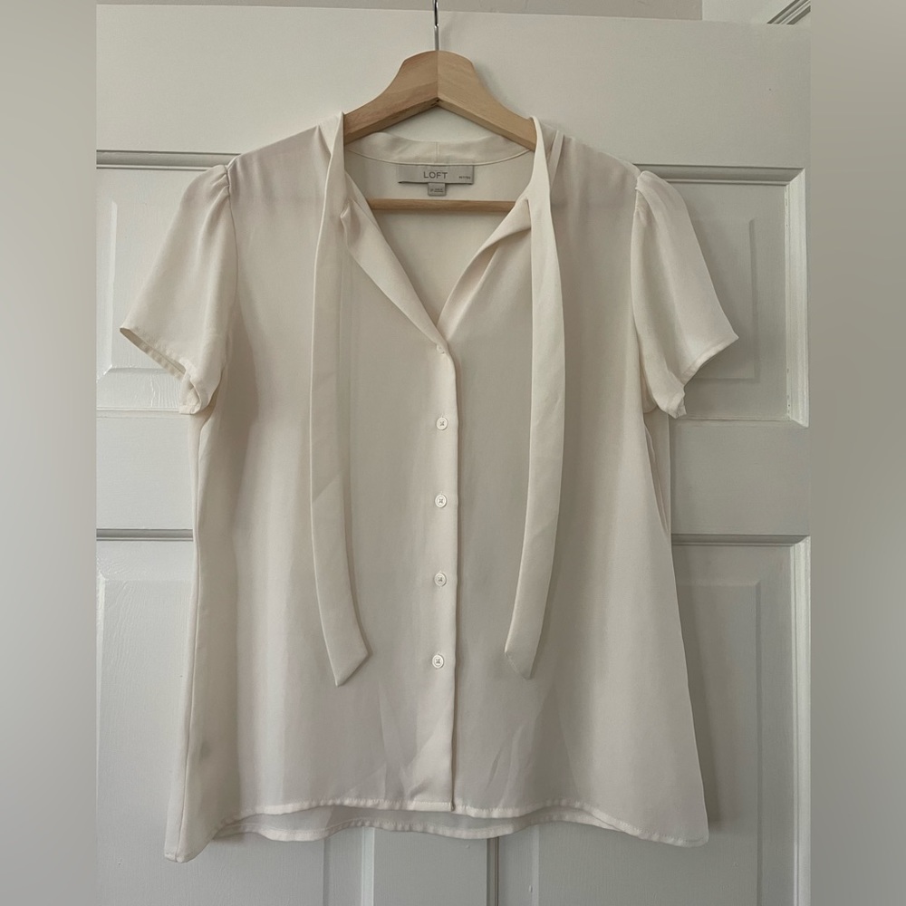 LOFT Ivory Button Down Short Sleeve Blouse